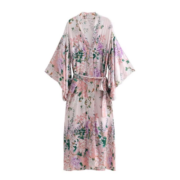 Pink Floral Lily Printed Boho Kimono Duster Robe - Picture 9 of 10